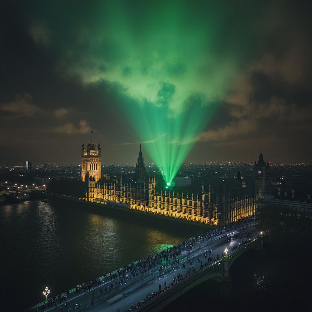 Neon Green Spotlight on London Parliament, Night Sky Crowd.