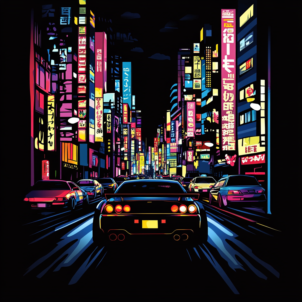 Neon Japan City Street with Racing Cars Silhouettes