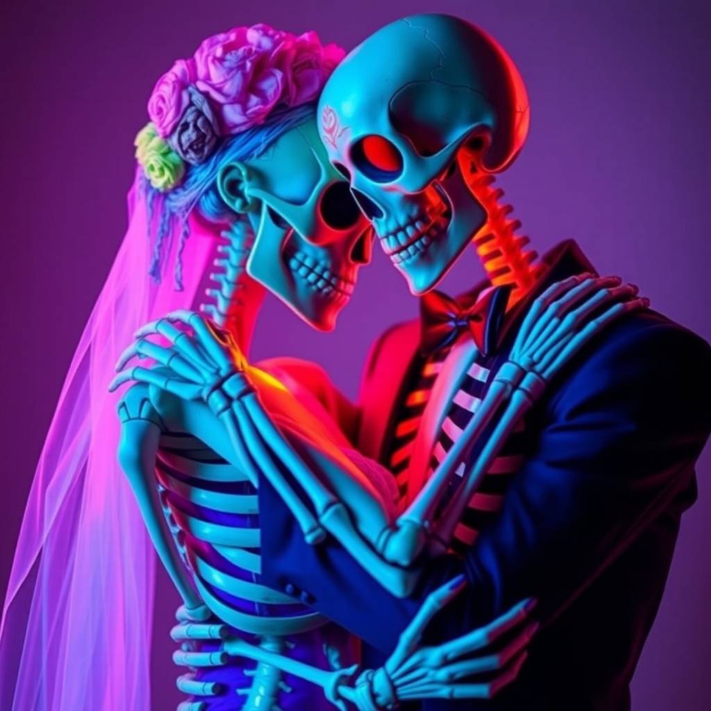 Neon Sugar Skull Lovers Embrace