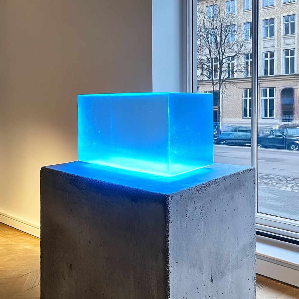 Neon blue box on concrete pedestal in Copenhagen gallery.