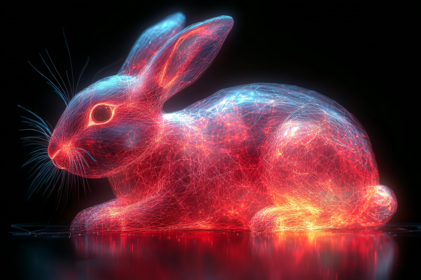 Neon geometric bunny in empty black space.