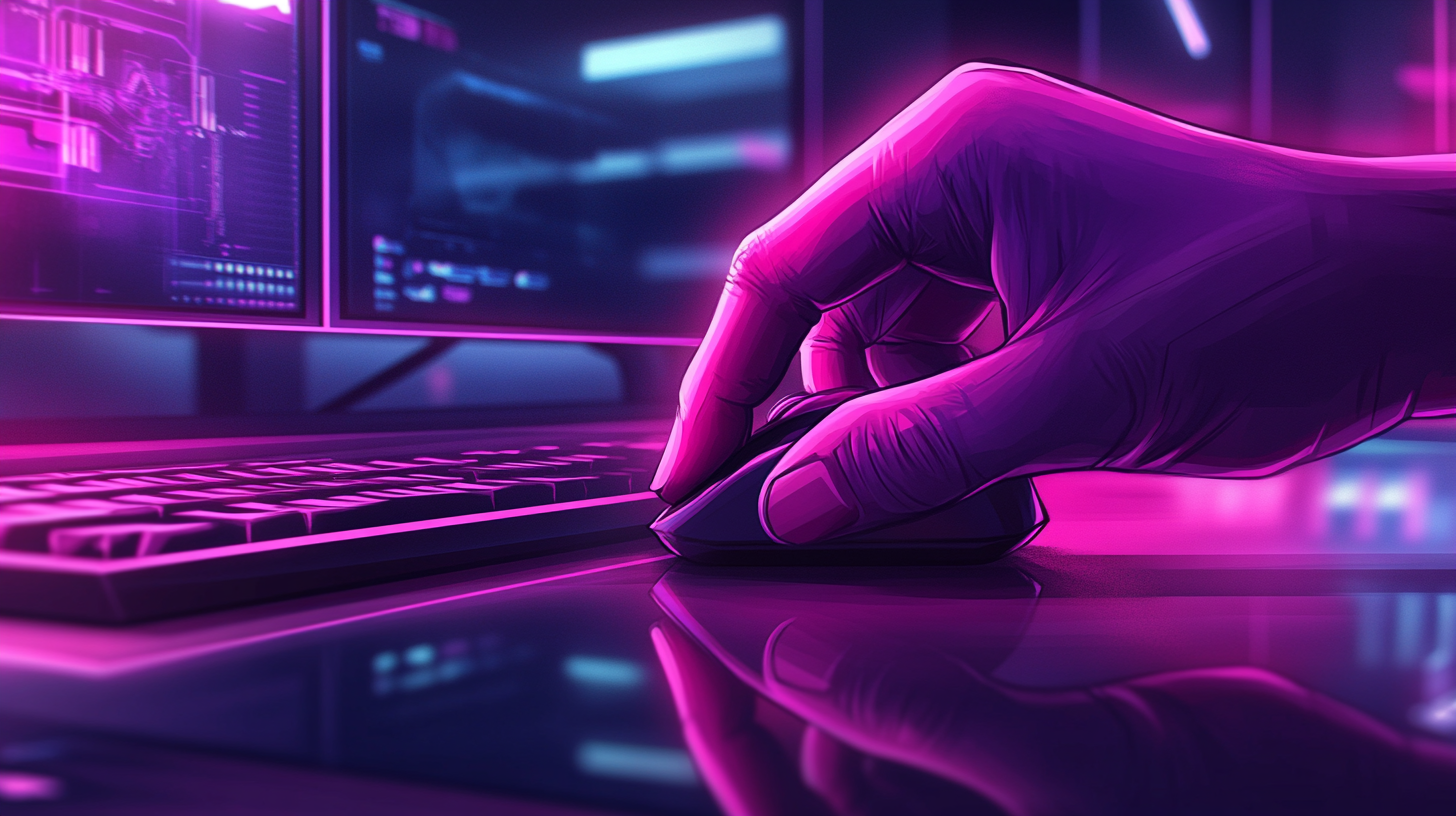 Neon glowing hand clicks mouse in cyber office