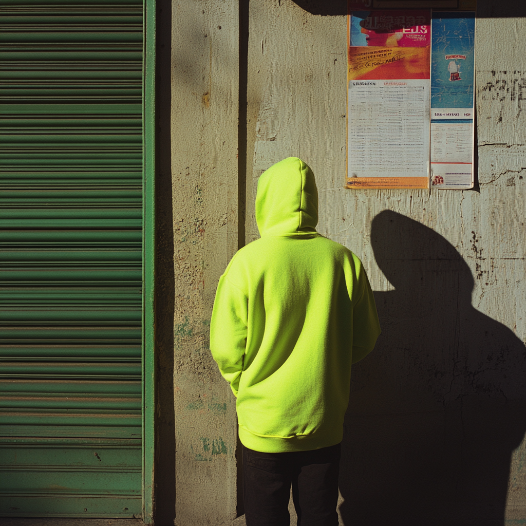 Neon green hoodie, hood up, dramatic lighting.