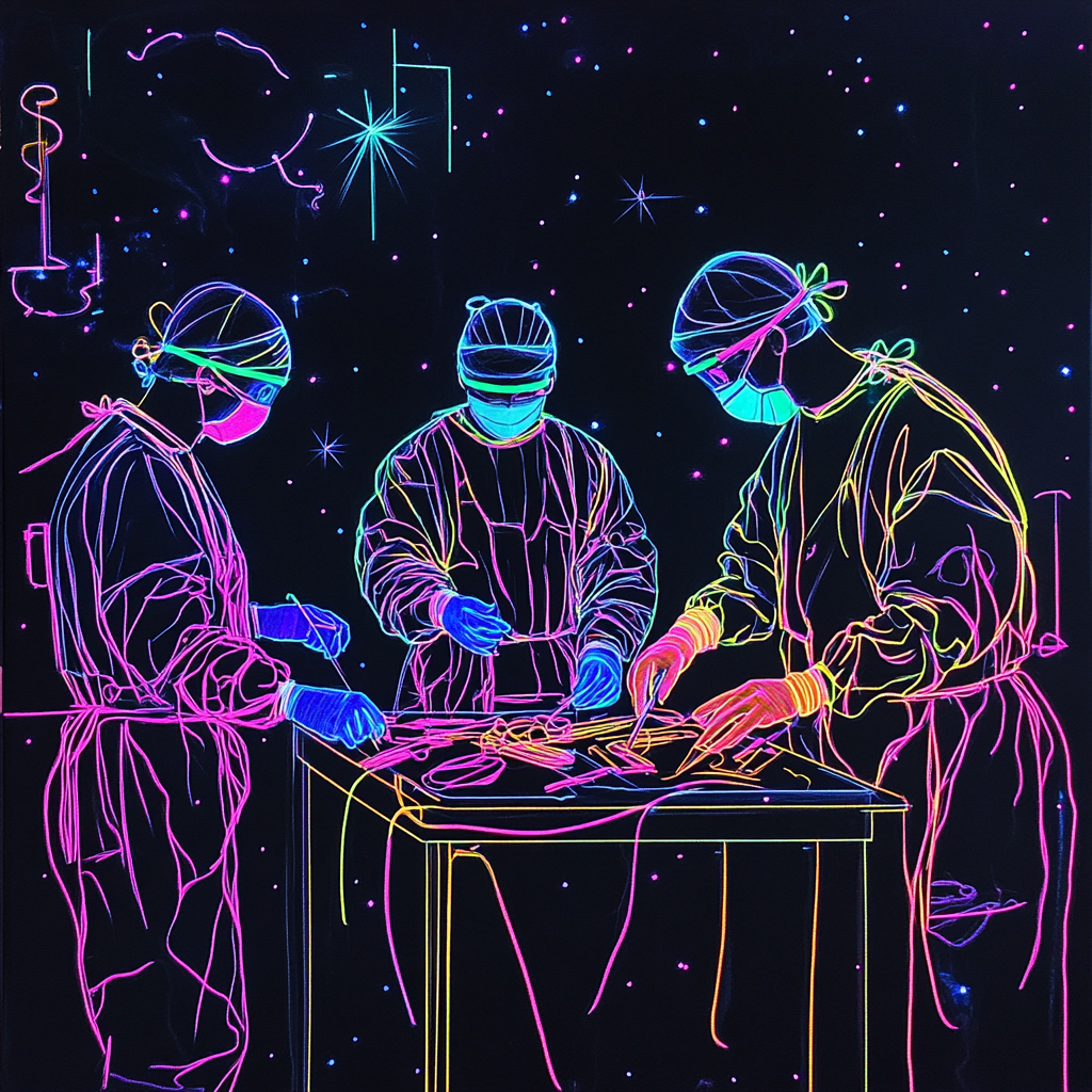 Neon inspectors examine instruments, sparks fly, black background nebula.