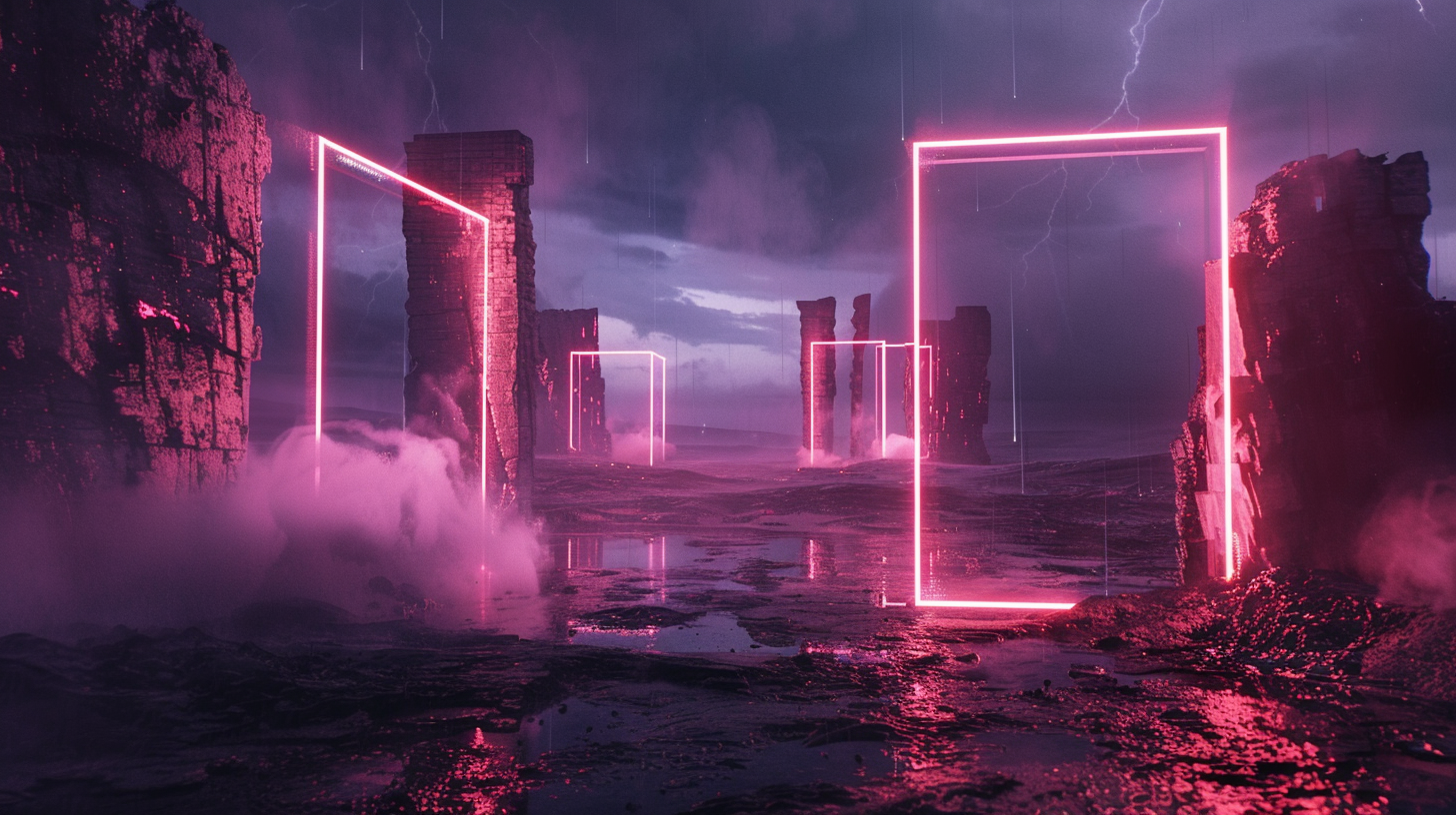 Neon lasers float, casting eerie glow in futuristic wasteland.