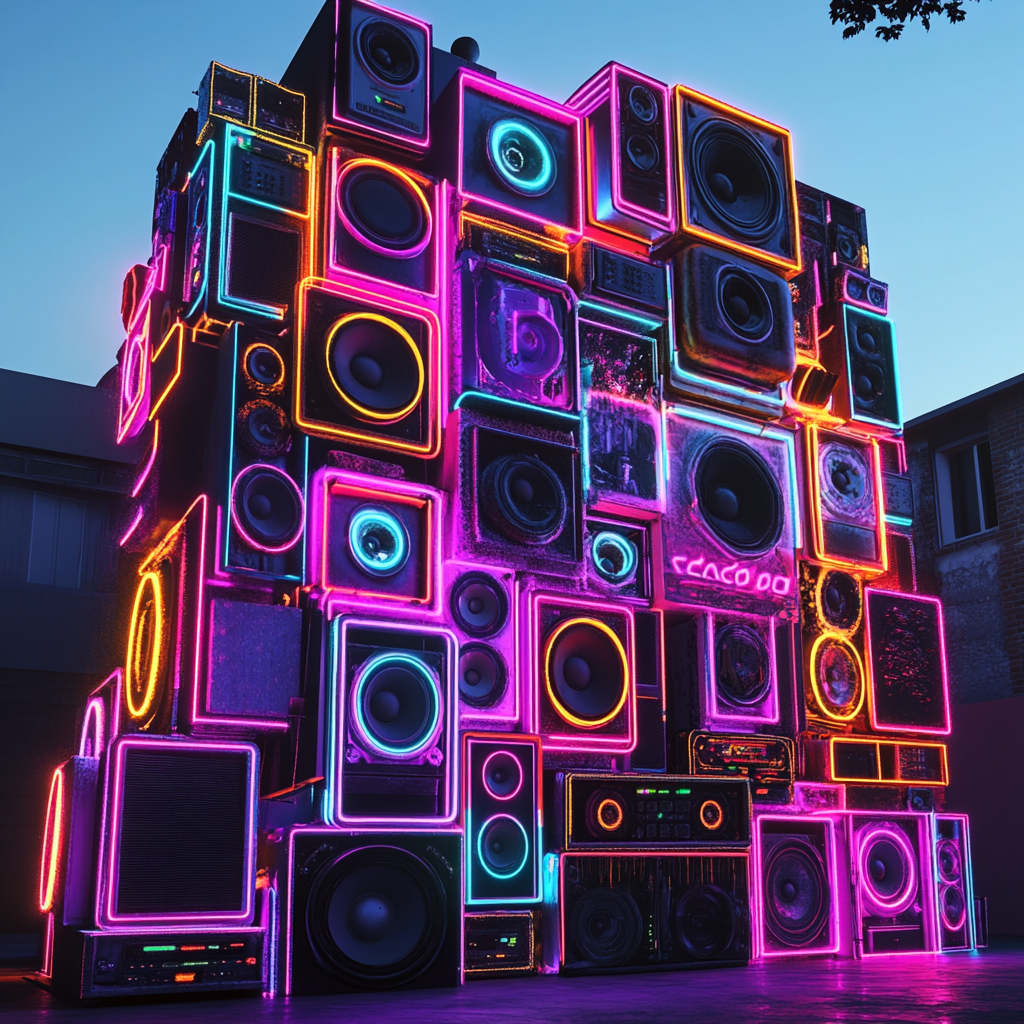 Neon lights and speakers outside a big party house.