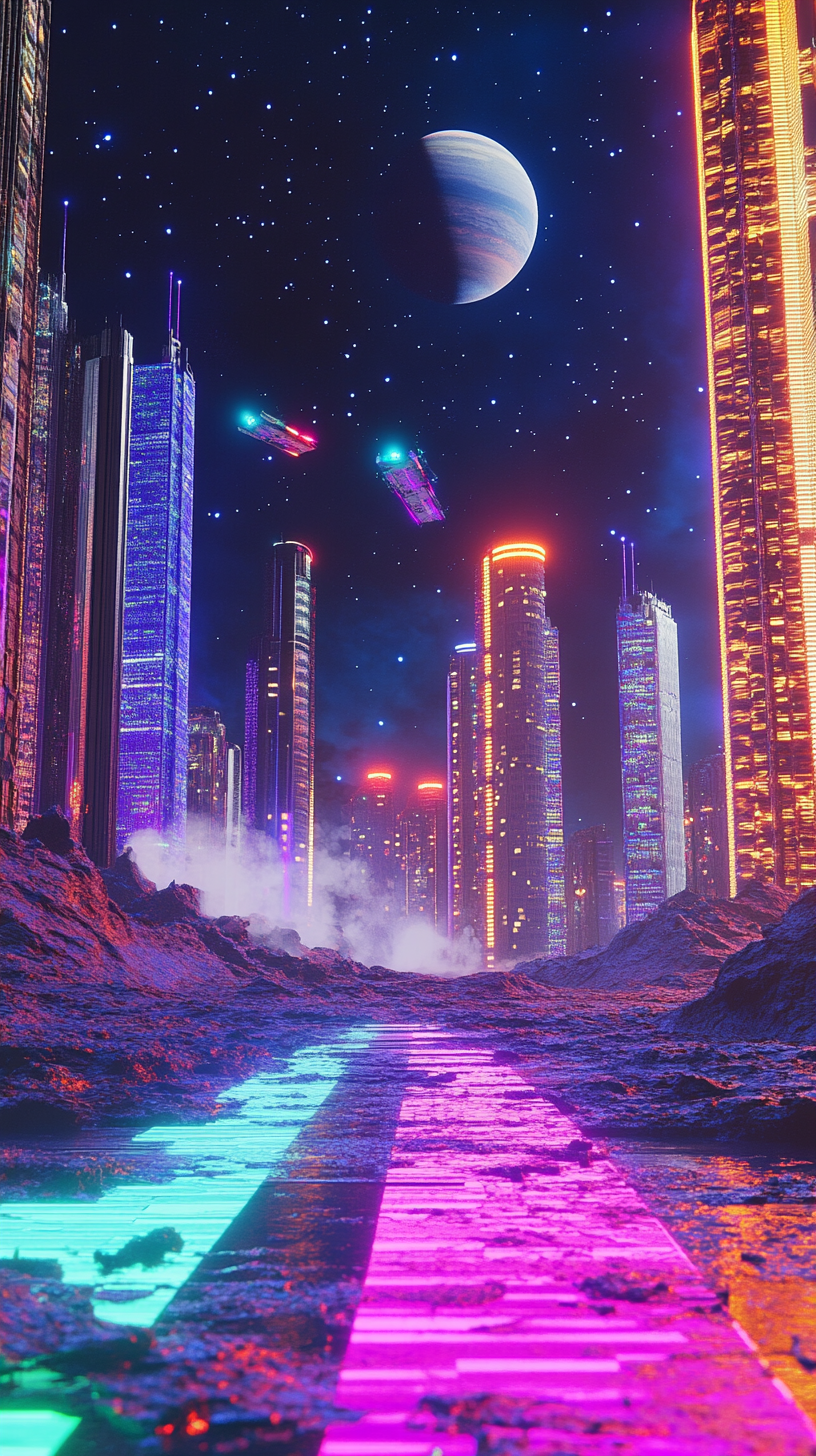 Neon-lit dance floor on lunar surface with skyscrapers, aliens.