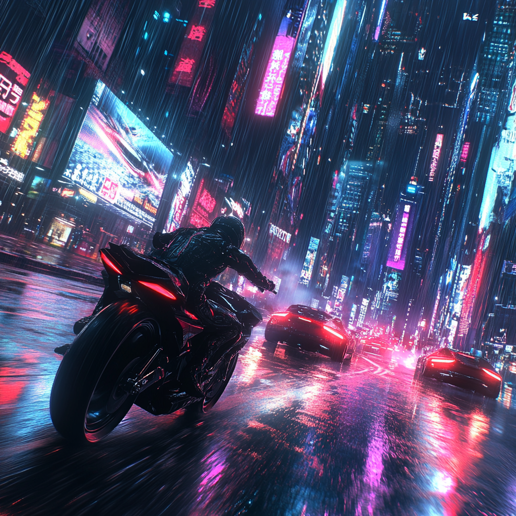 Neon-lit futuristic cityscape with speeding motorcycles and vibrant energy.