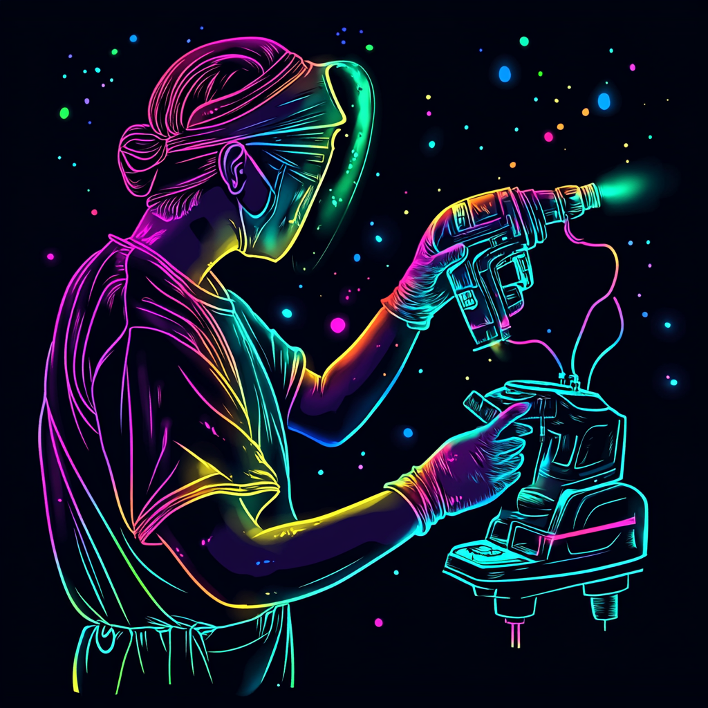 Neon scrub tech cleans orthopedic drill in space drawing.