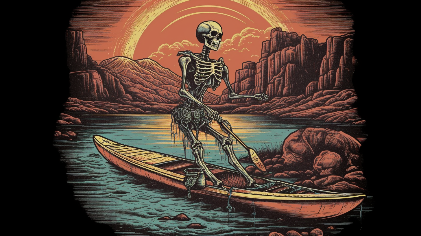 Neon skeleton paddleboarding on Lake Mead at sunset