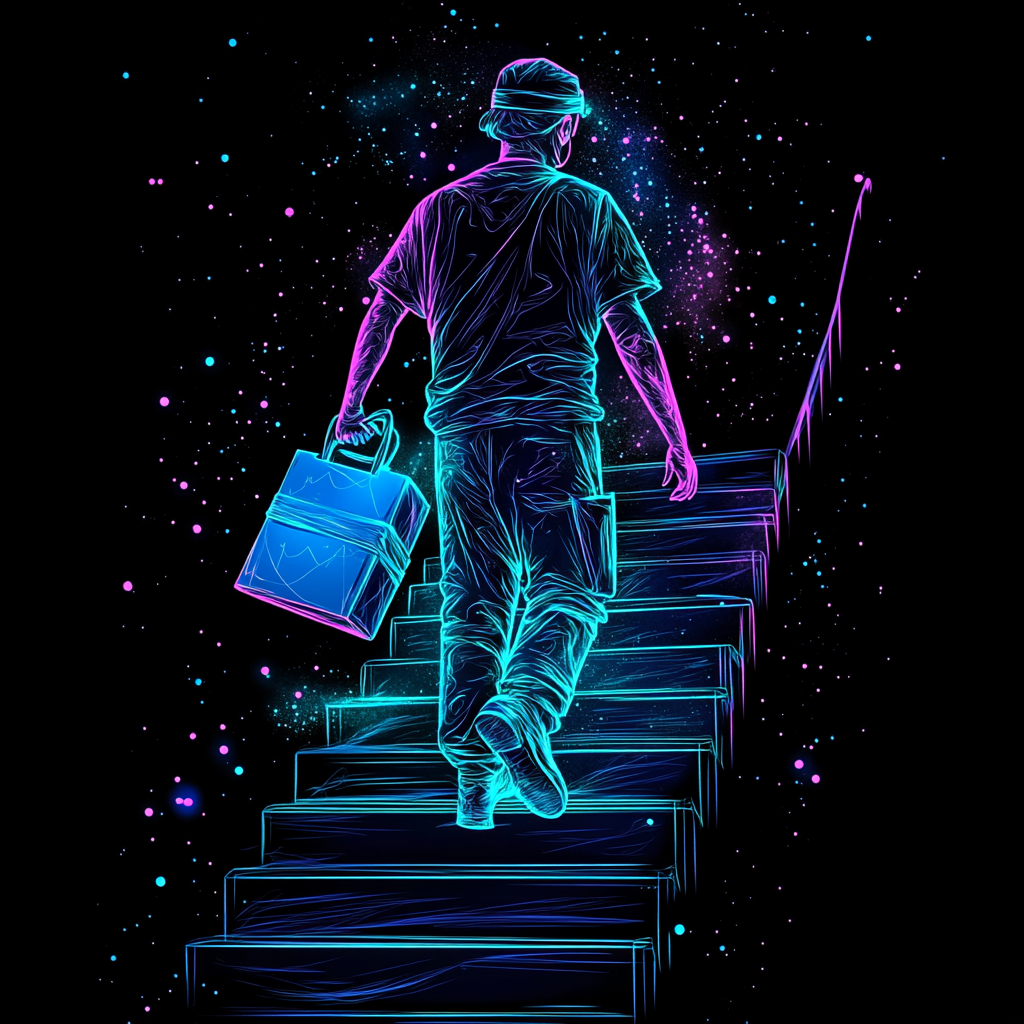 Neon sterile processing technician carrying blue medical package upstairs.