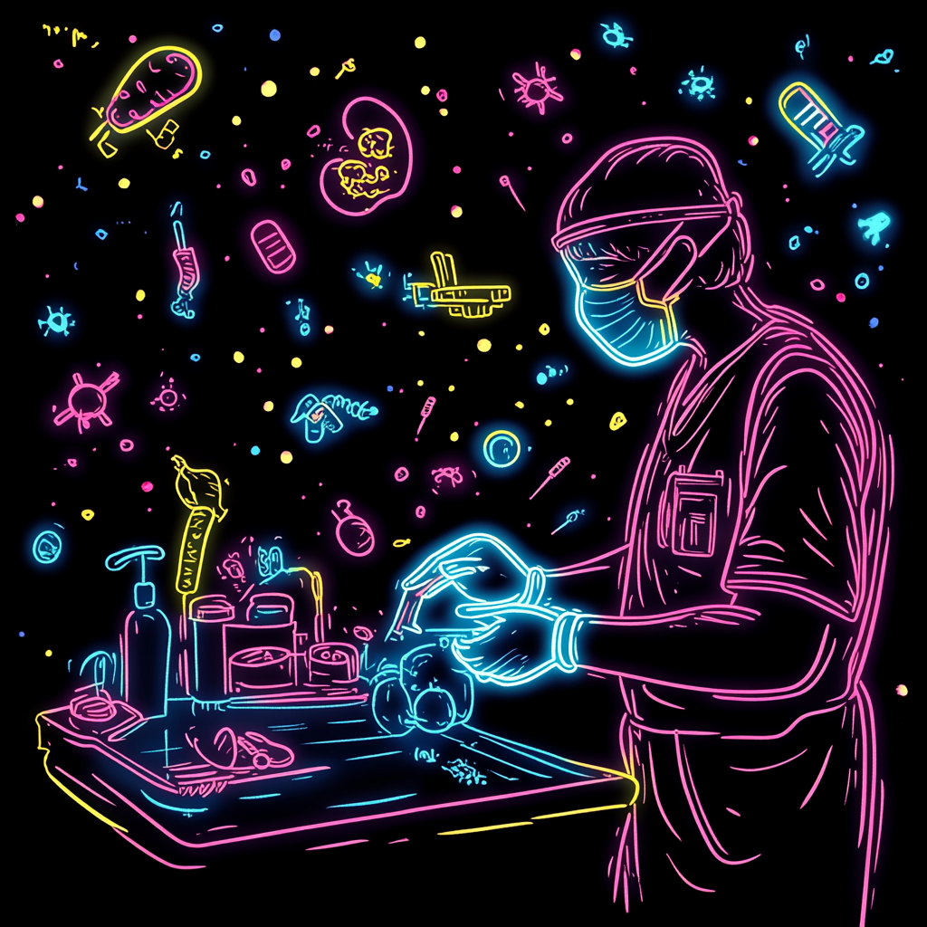 Neon technician cleans medical instruments; black background, glowing colors.