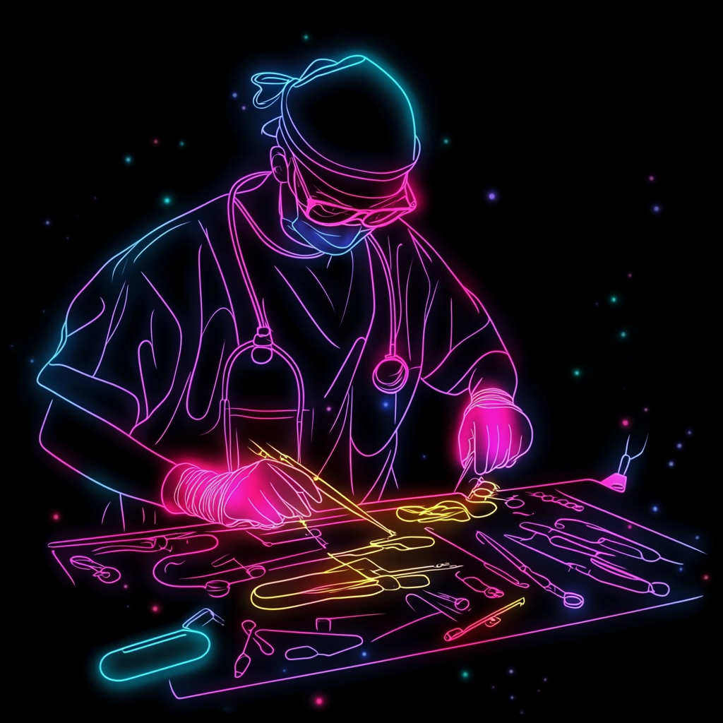 Neon technician inspecting instruments at glowing table.