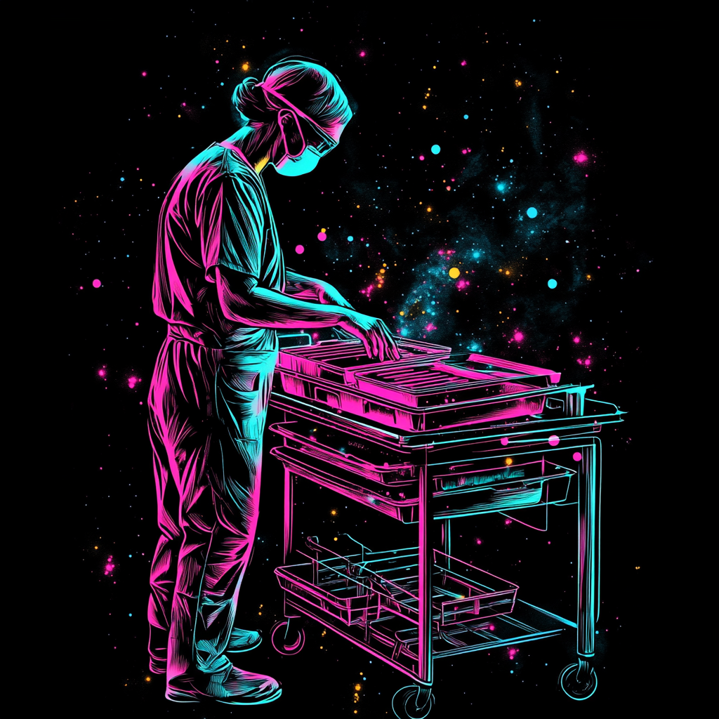 Neon technician with trays in rolling case cart.