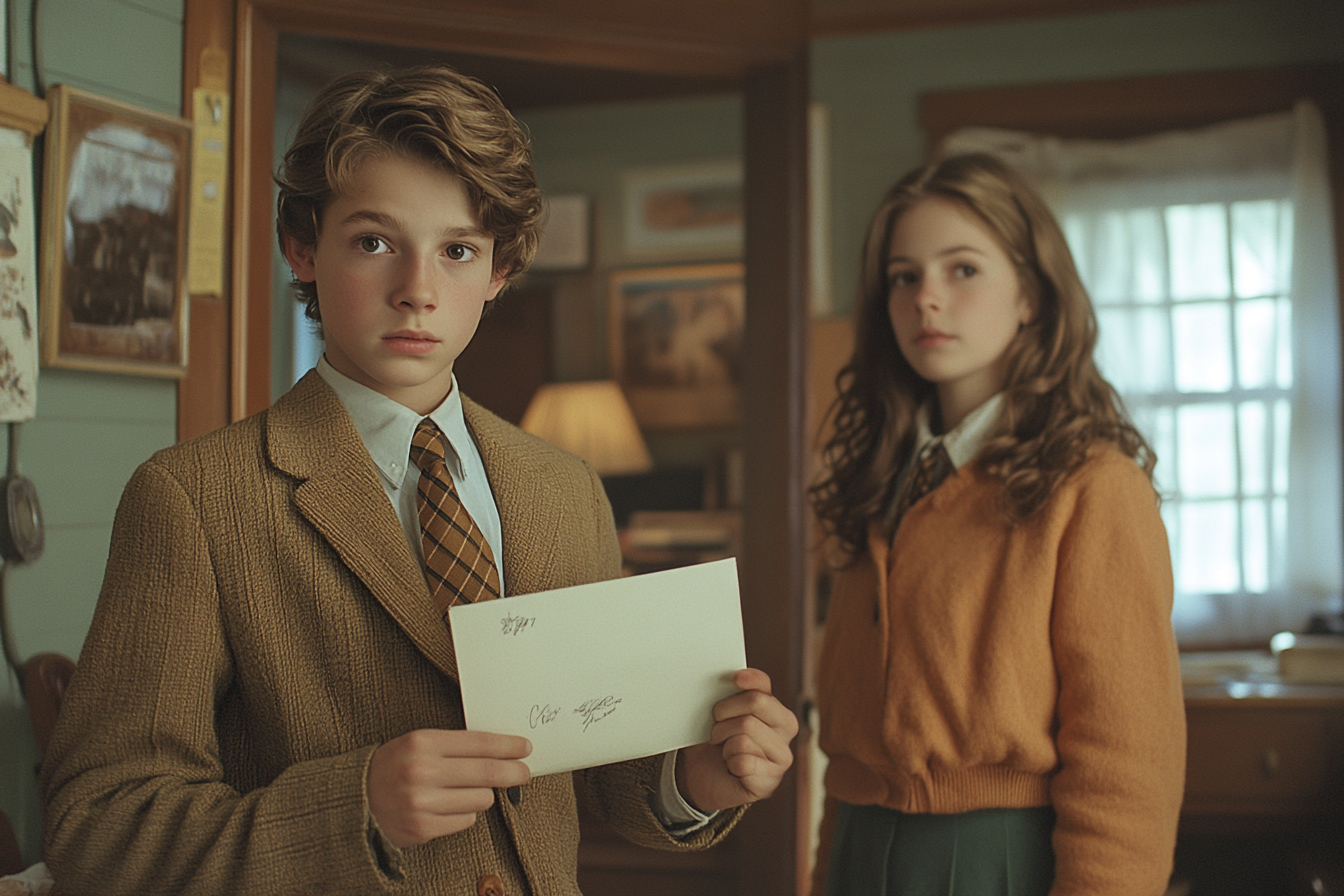 Nerdy boy in blazer holds envelope, sister at door.