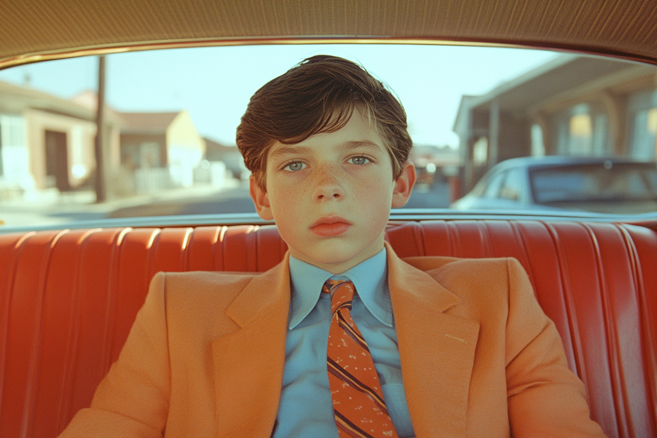 Nerdy teenage boy in car, Wes Anderson vibe, symmetrical.