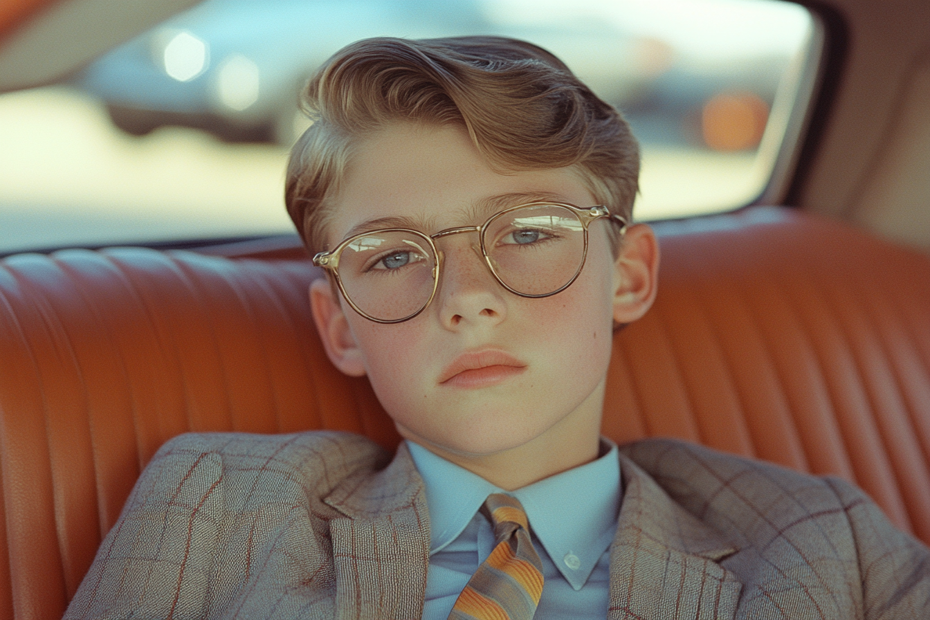 Nerdy teenage boy in school uniform sits in car.