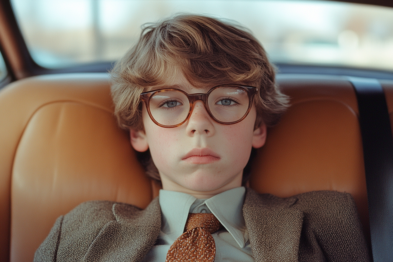 Nerdy teenager in school outfit sitting in car.