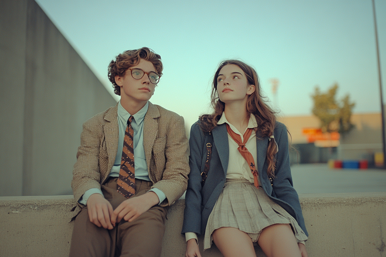 Nerdy teens in blazers sit in industrial space.