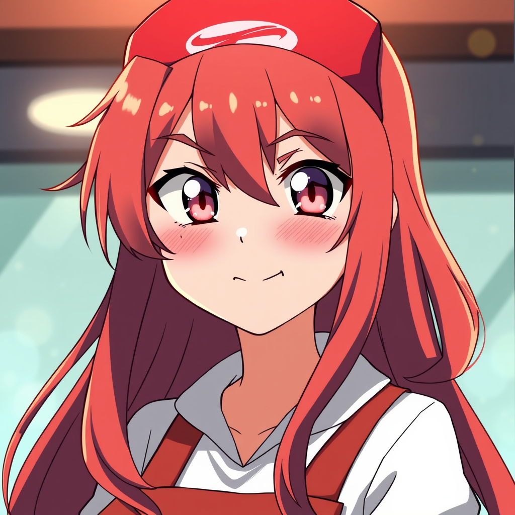 Nervous Red-haired Anime Girl Delivering Pizza