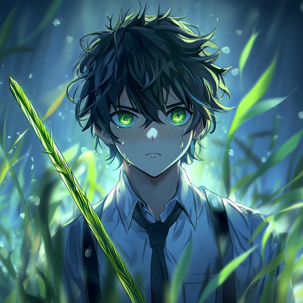 Nervous teenager with grass hair holds grass sword.