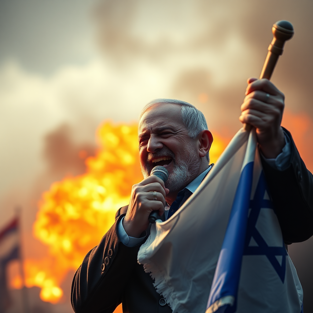 Netanyahu rises from flames holding torn flag, crying.