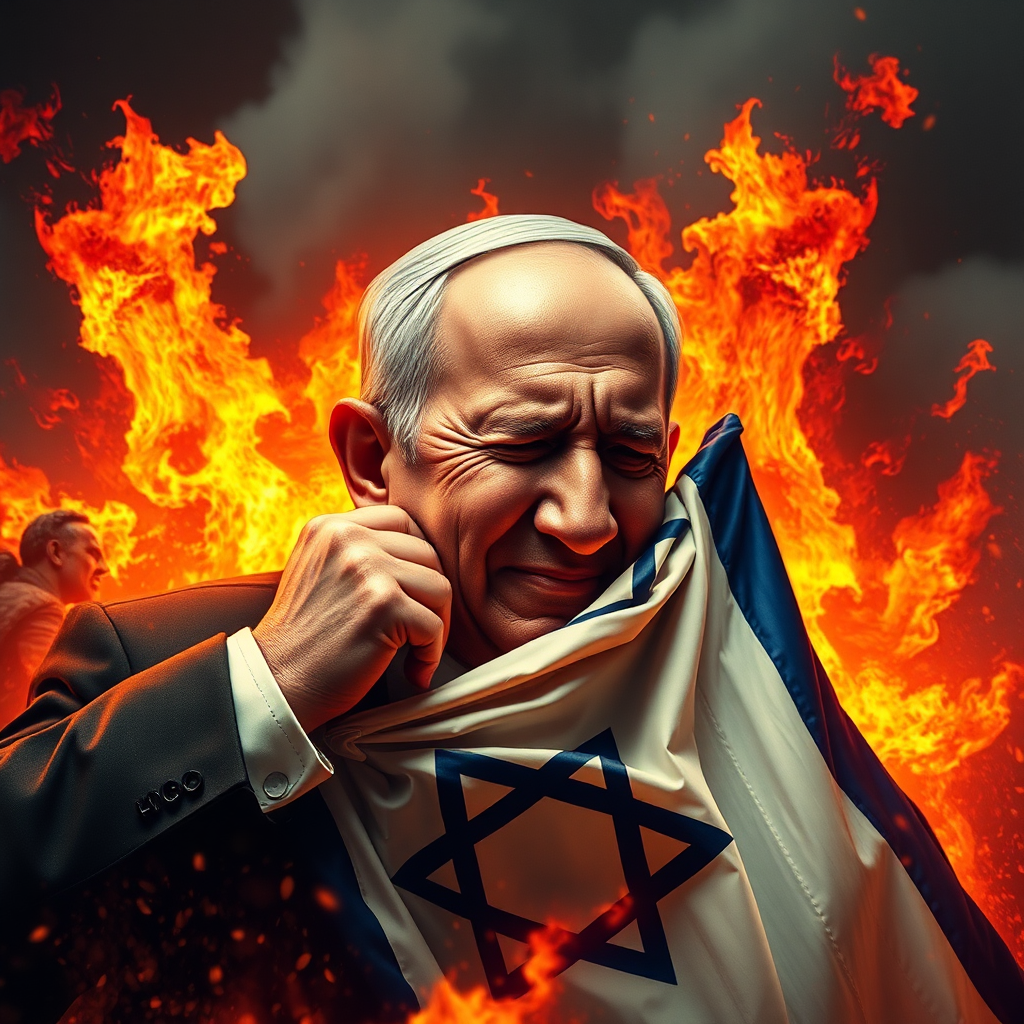 Netanyahu rises in flames, holds flag, cries.