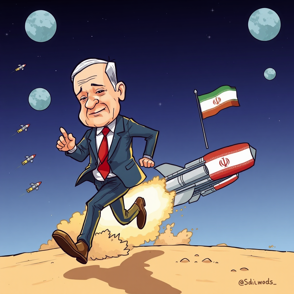 Netanyahu running from missiles with Iranian flag, cartoon image.