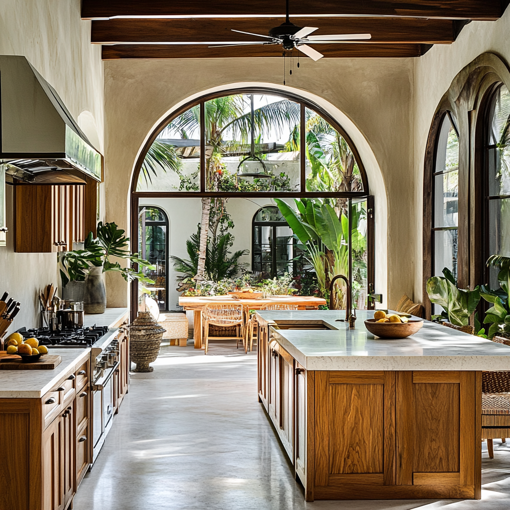 Neutral-Toned Bungalow Kitchen with Arch and Island 