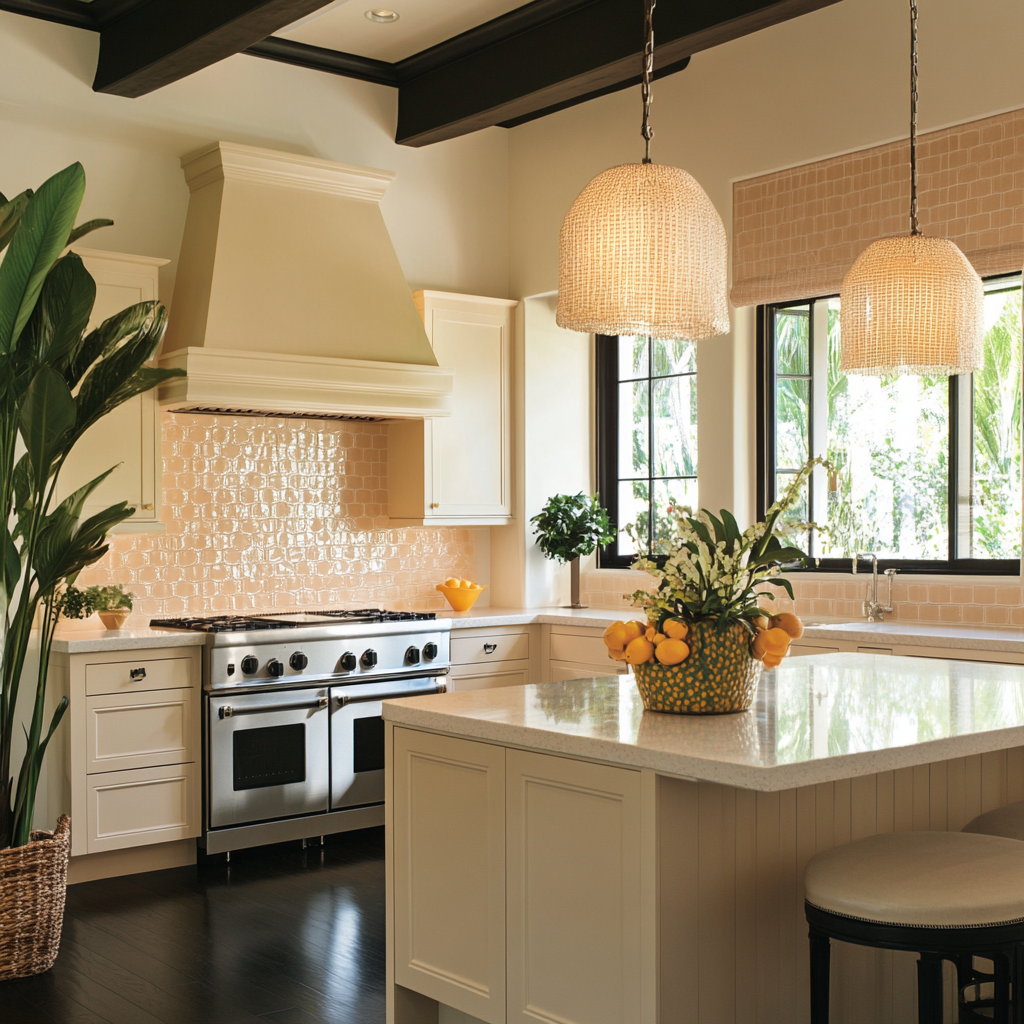 Neutral bungalow kitchen with peach tile backsplash