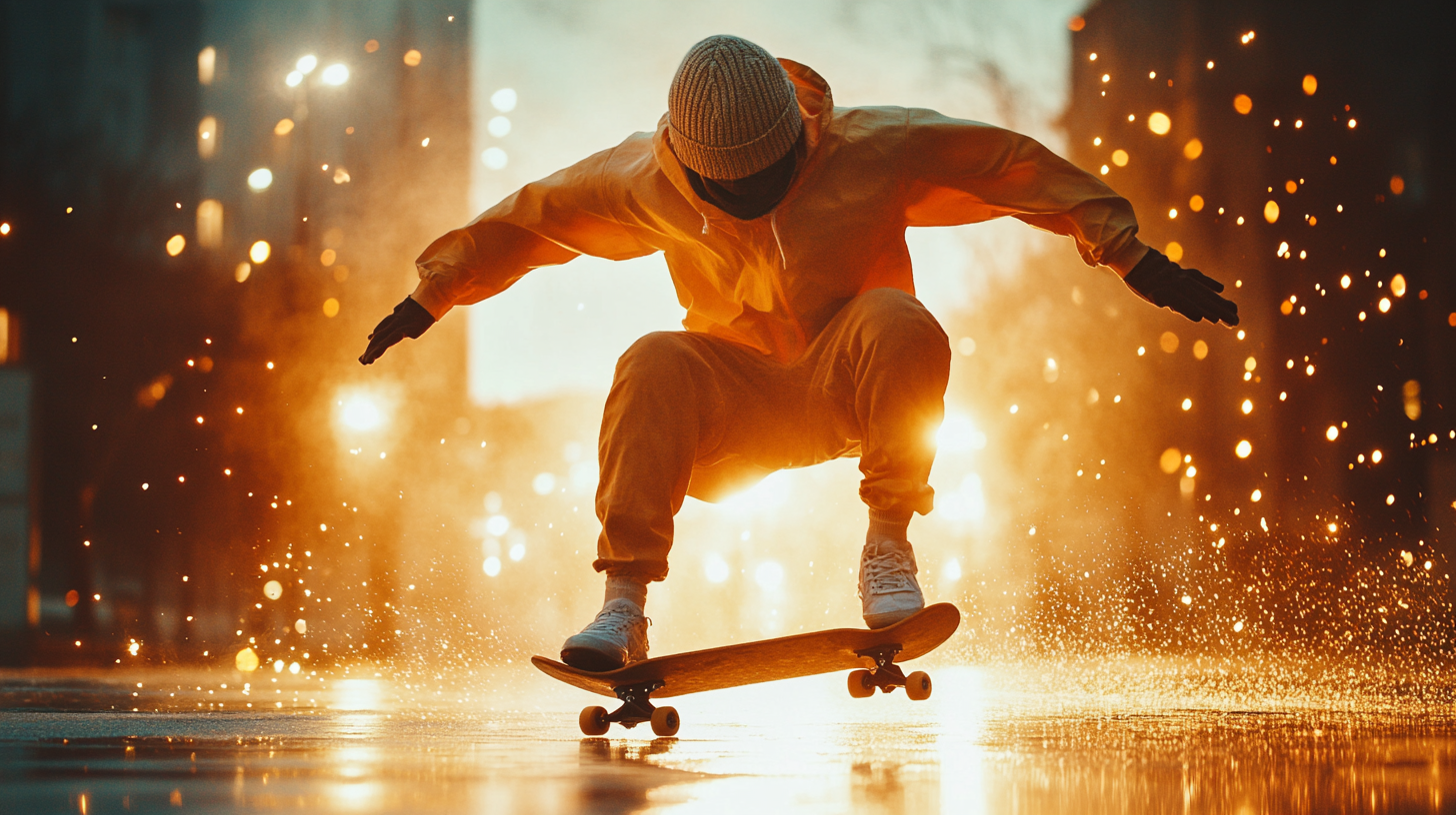 Newbie skater wearing protective gear balances on skateboard.