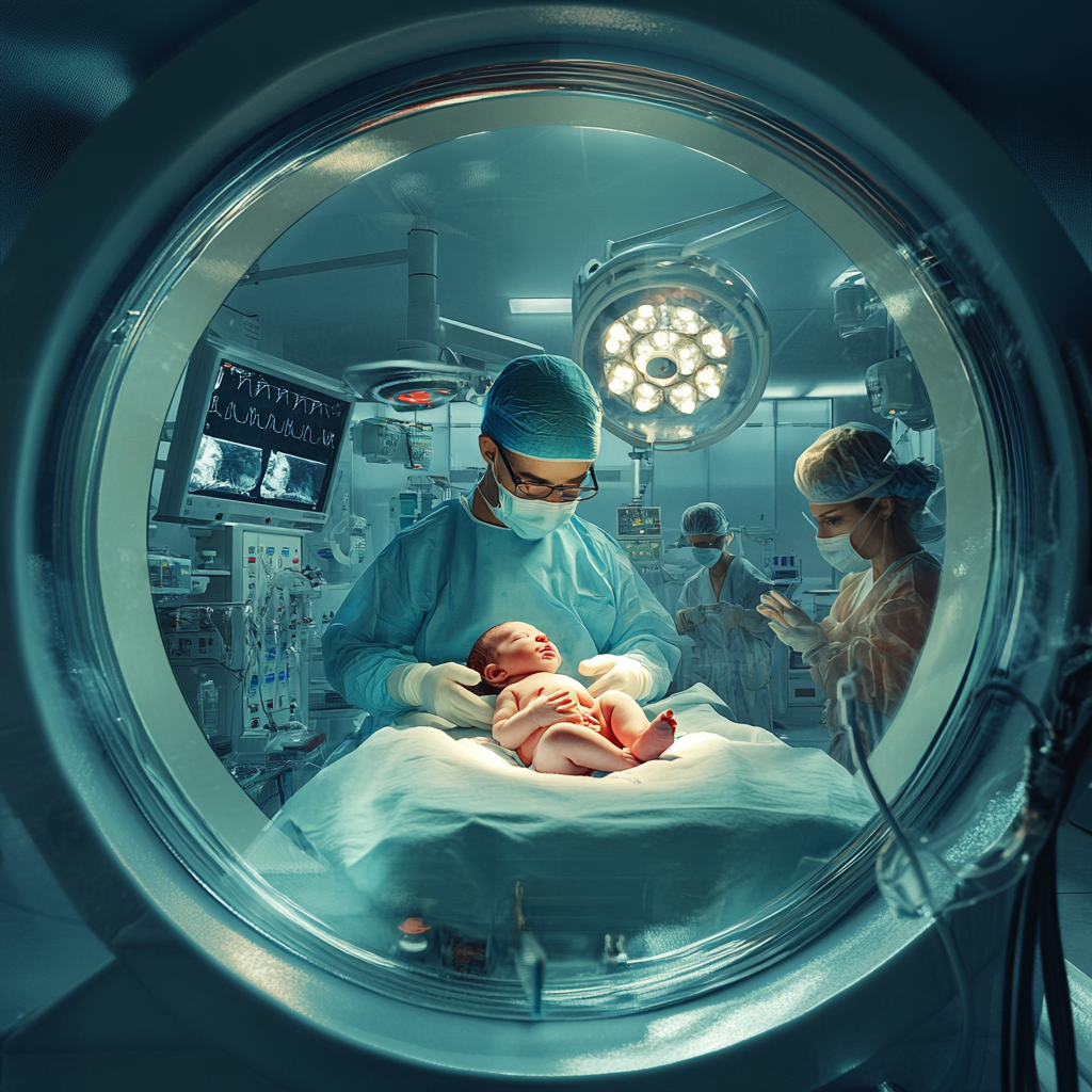 Newborn baby in doctor's arms, wide angle view.