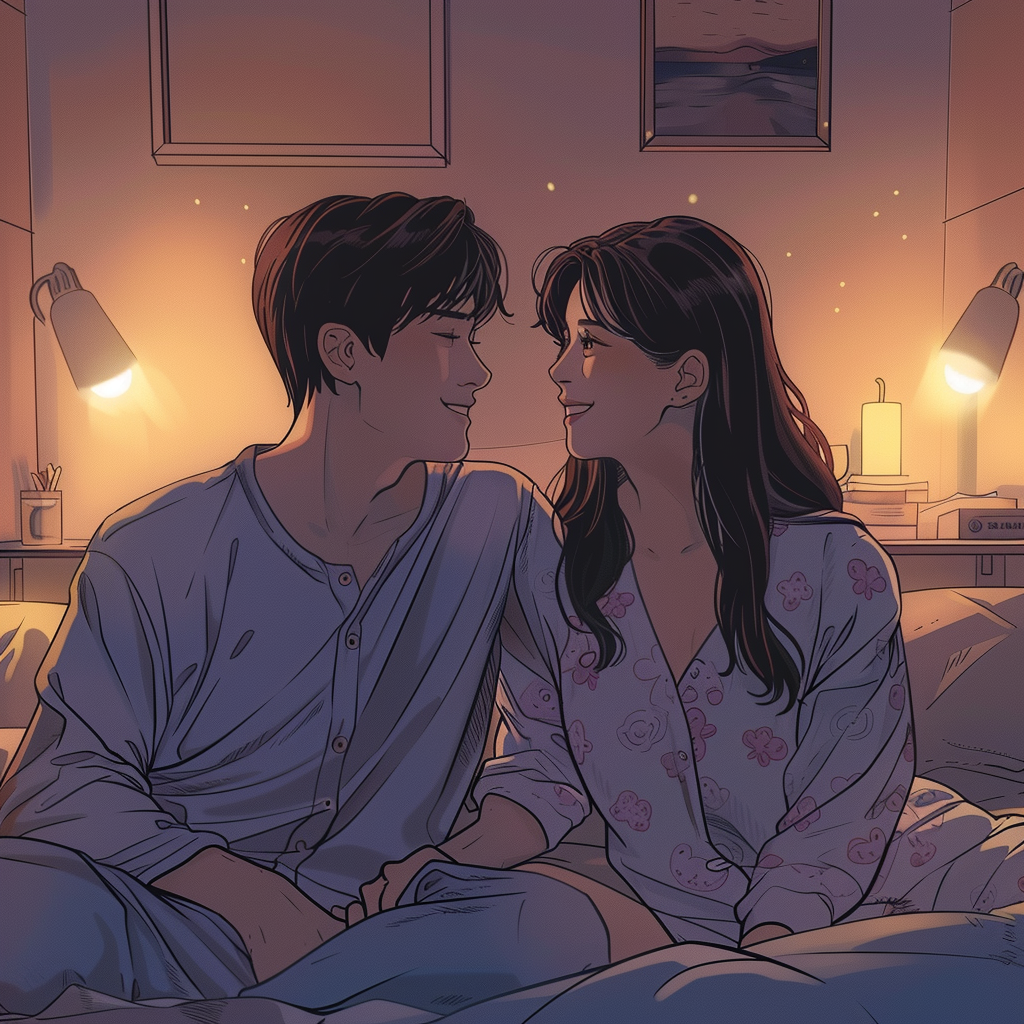 Newlywed Korean couple in cozy pajamas on bed together.