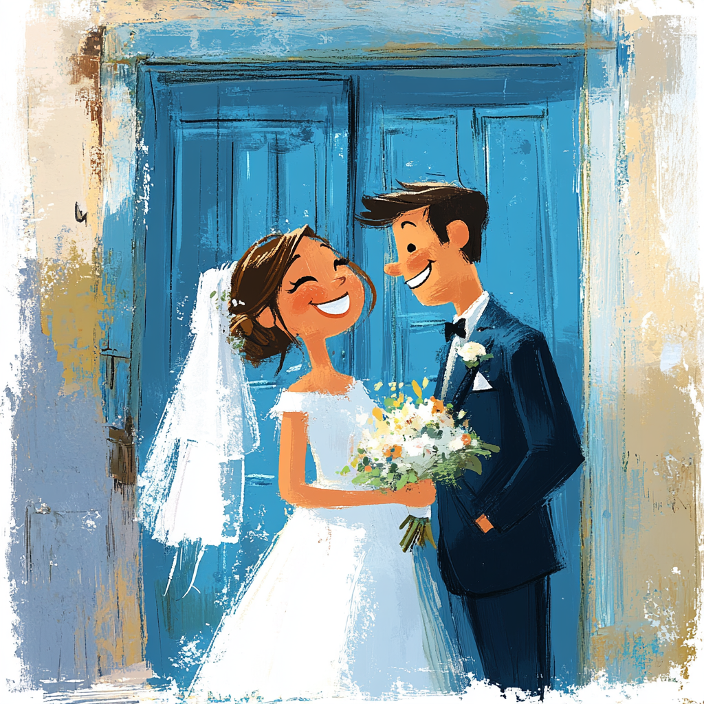 Newlyweds posing by flower door, vibrant children's book art.