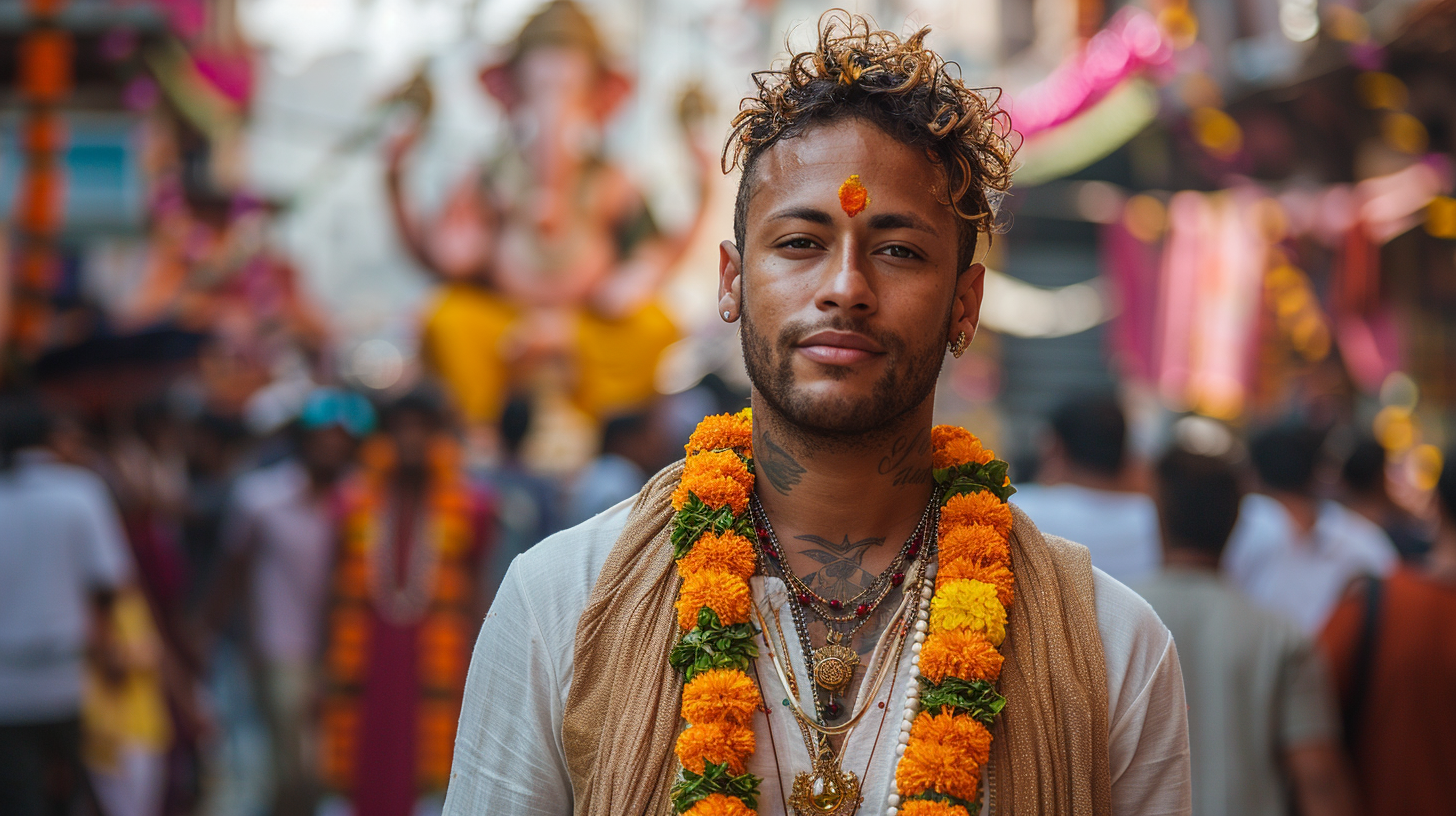 Neymar in Indian clothes smiling with Ganesh statue.