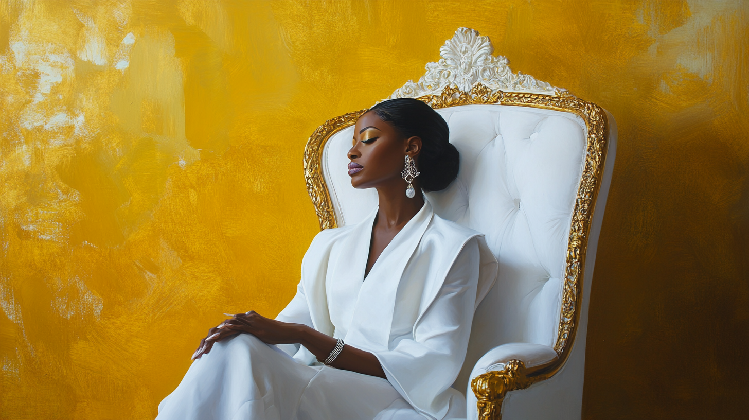 Nia Long's elegant beauty on white throne chair.