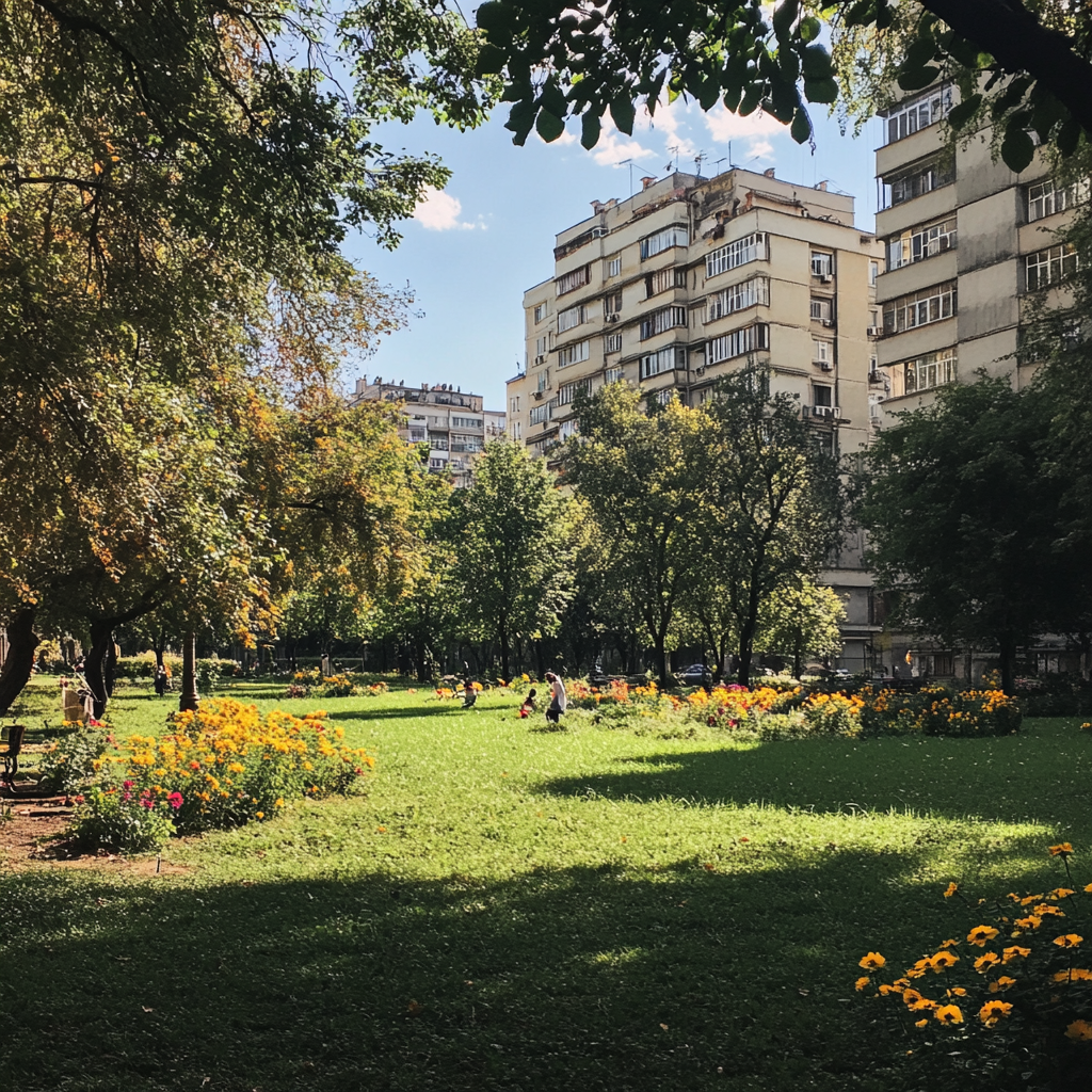 Nice park in Bucharest with kids playing, flowers, trees.