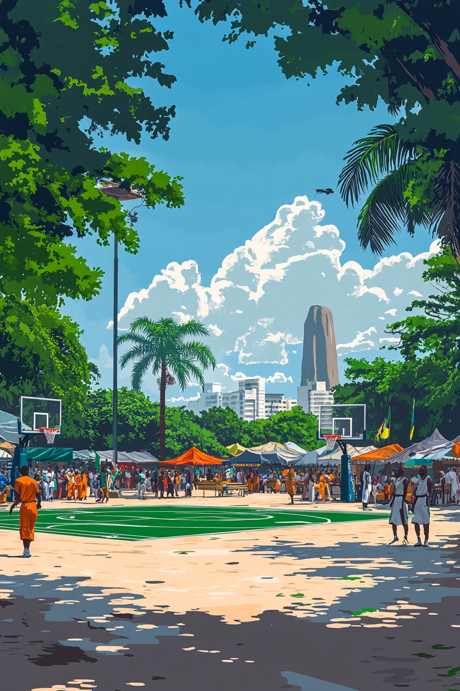 Nigerian-inspired basketball court with Abuja scenery in background.