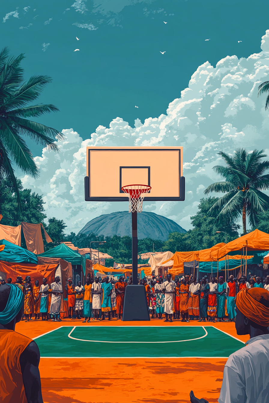 Nigerian-inspired street scene with basketball court as focal point.