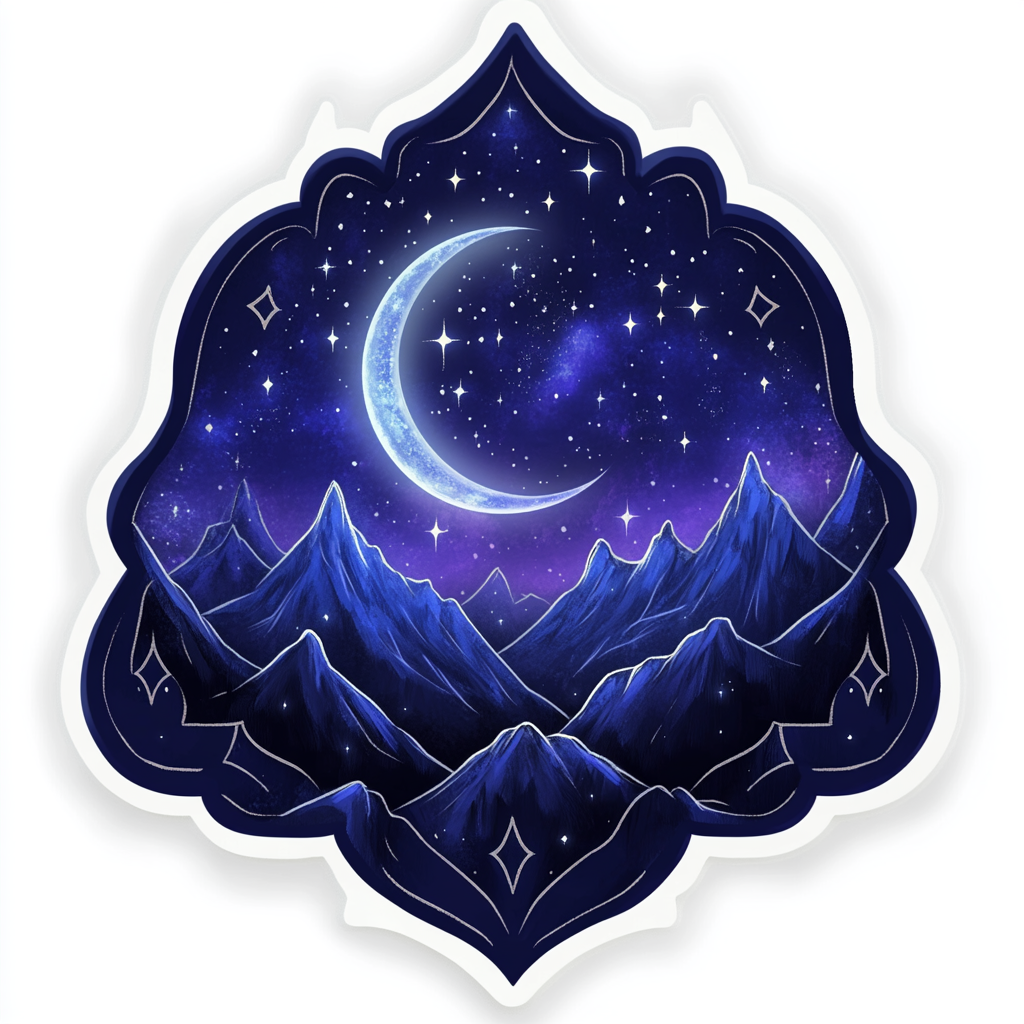 Night Court sticker design with moon, stars, mountains, wings.