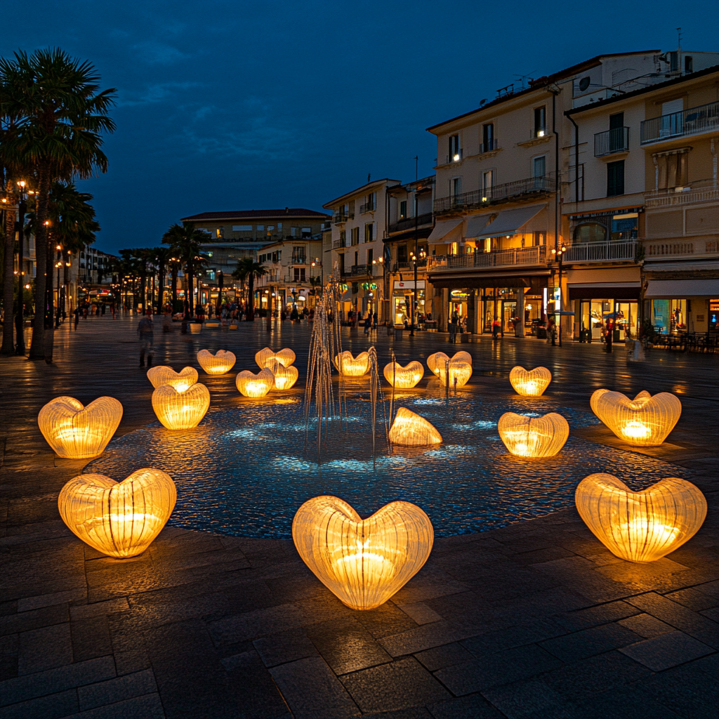 Night Square in Riccione with Heart Lanterns and Fountain 