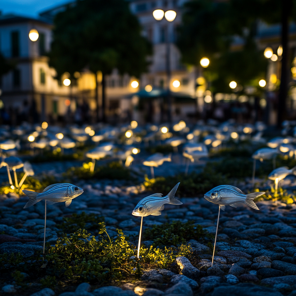 Night Square in Riccione with School of Lantern Fish 