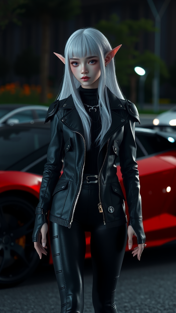 Night elf girl with white hair near Lamborghini car.