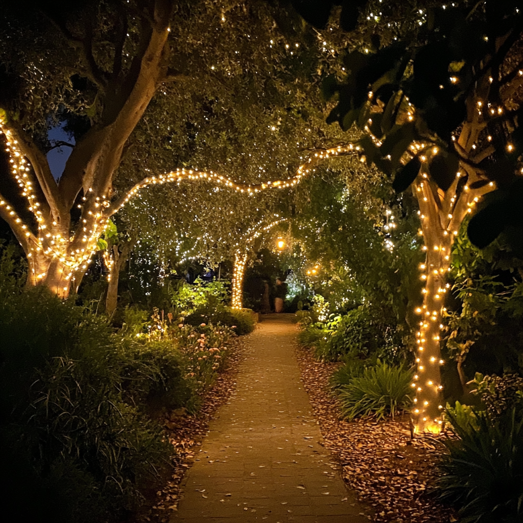 Night garden with warm illuminated pathways, fairy lights, cozy.