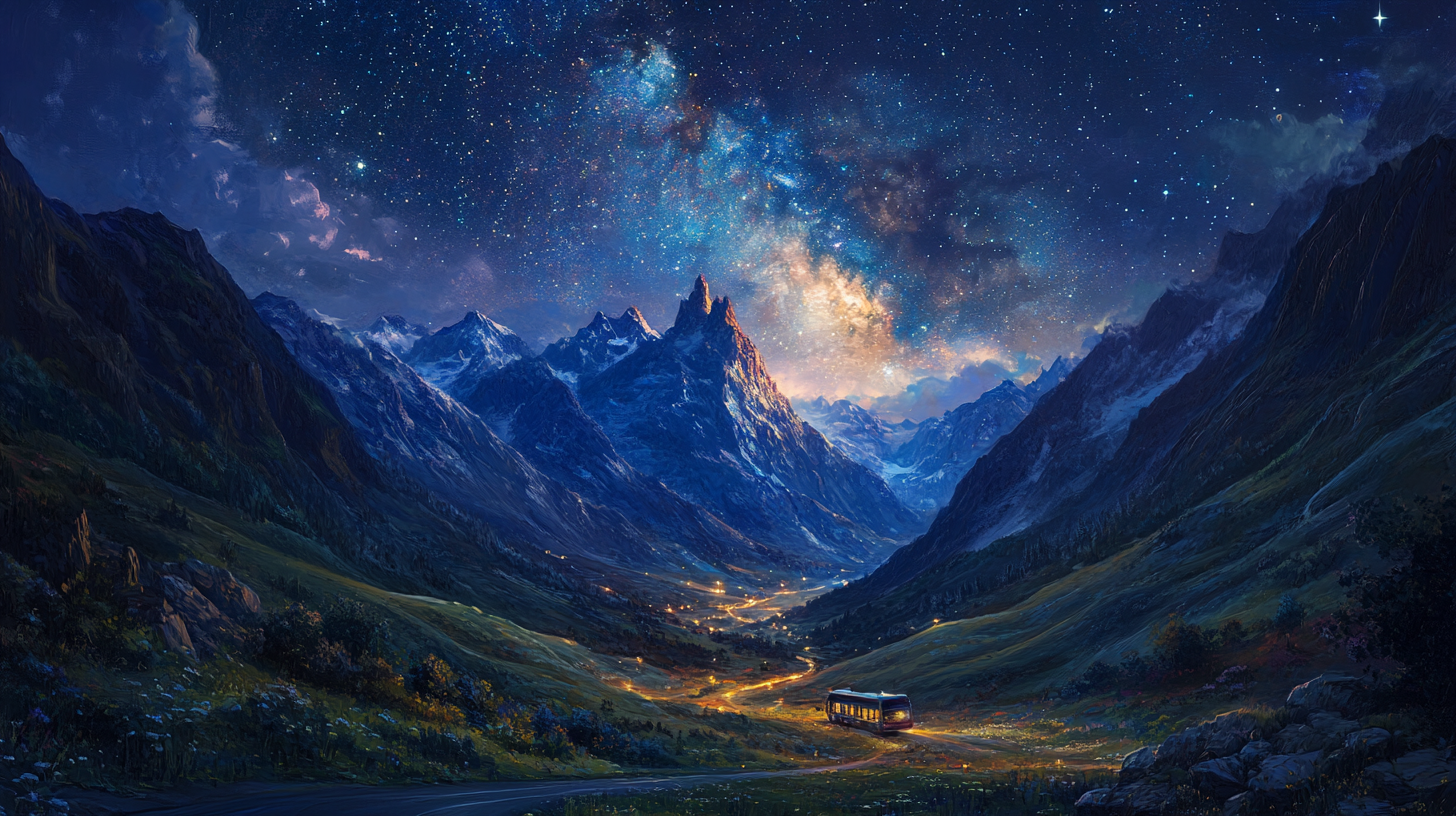 Night painting of mountain valley with Milky way sky.