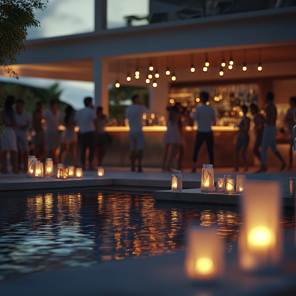 Night party at Mikonos resort with bar, pool, lanterns.