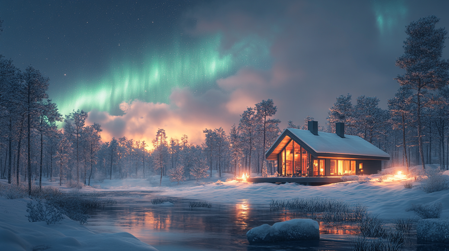 Night sky over eco-resort with Northern Lights