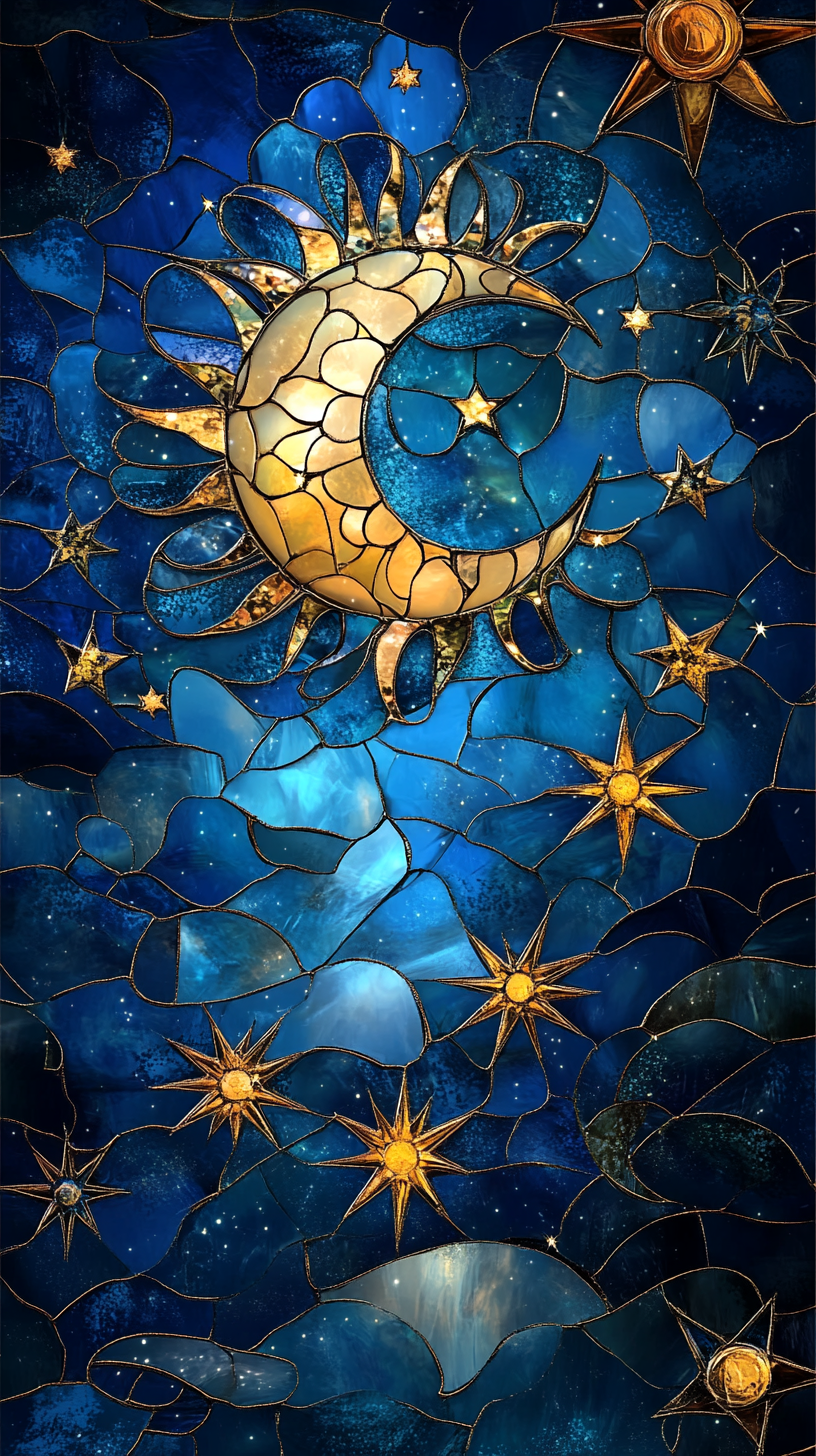 Night sky stained glass style with bold lines, shine.