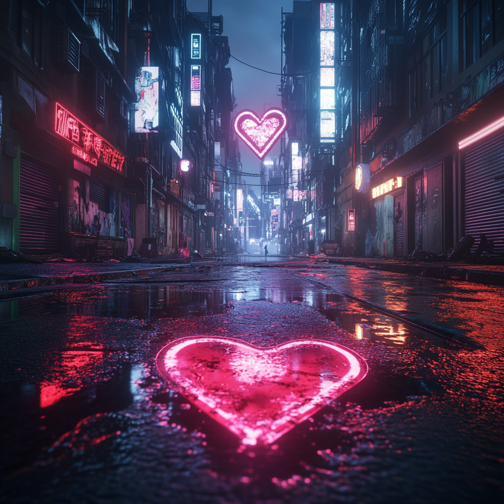 Nighttime Cyberfuturistic City with Broken Heart Theme