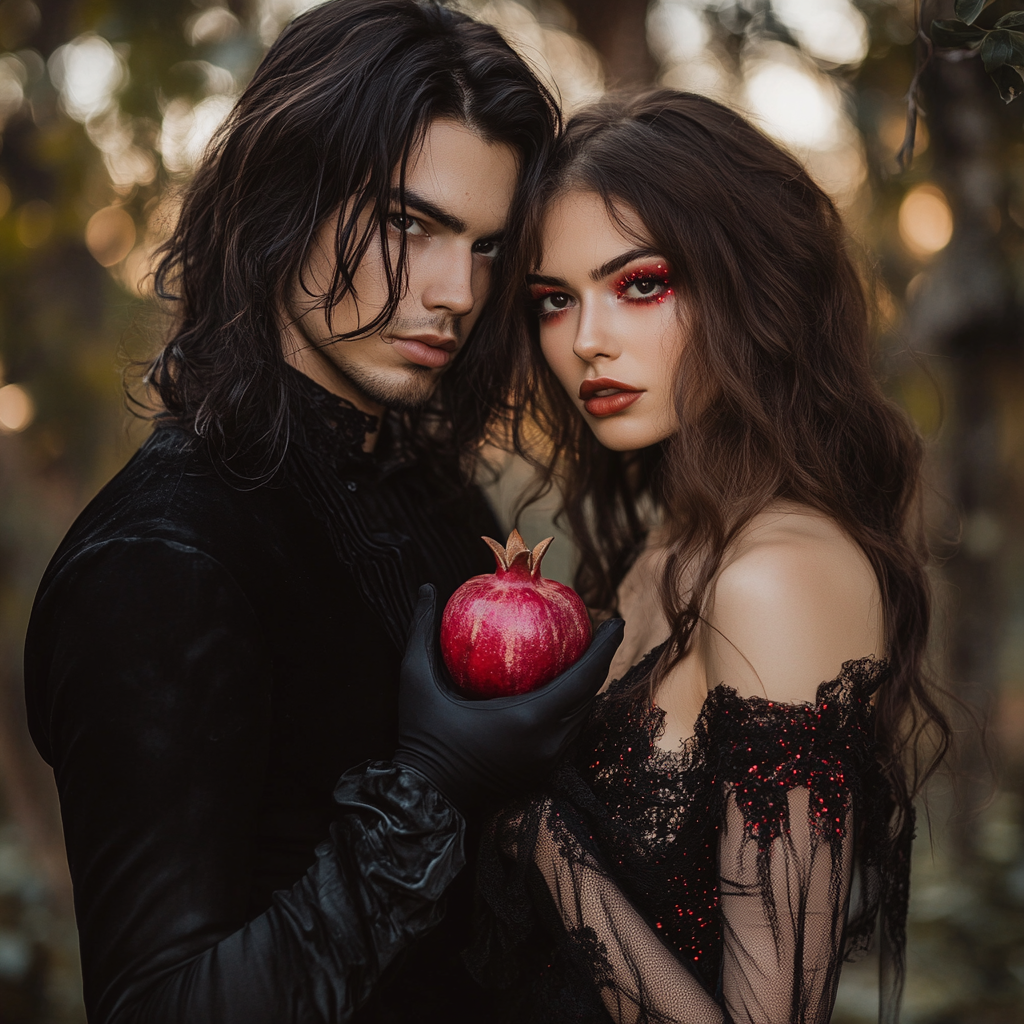 Nighttime couple in dark clothes with fruit in woods.